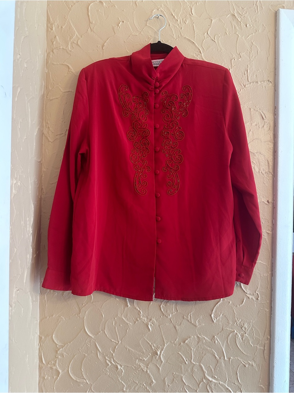 Women's Red Button-Front Mandarin Collar Shirt with Embroidered Detail